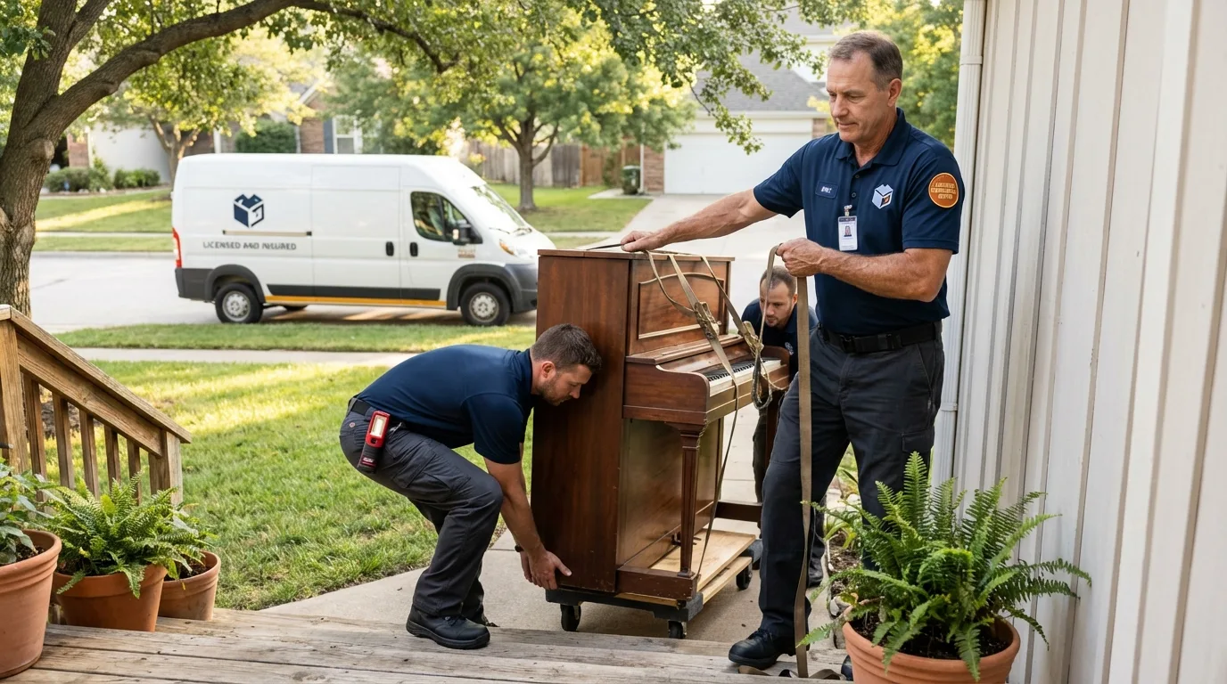 Licensed piano movers securing grand piano in Lodi, OH