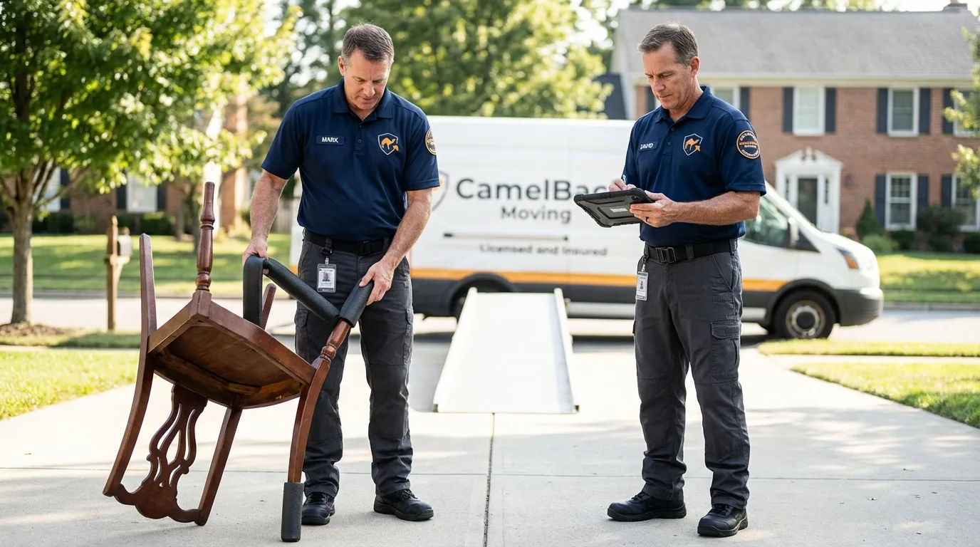 Movers inspecting furniture for damage prevention before loading in Lodi, OH