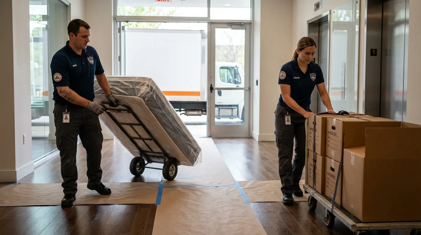 Professional apartment movers loading elevator in Lodi, OH